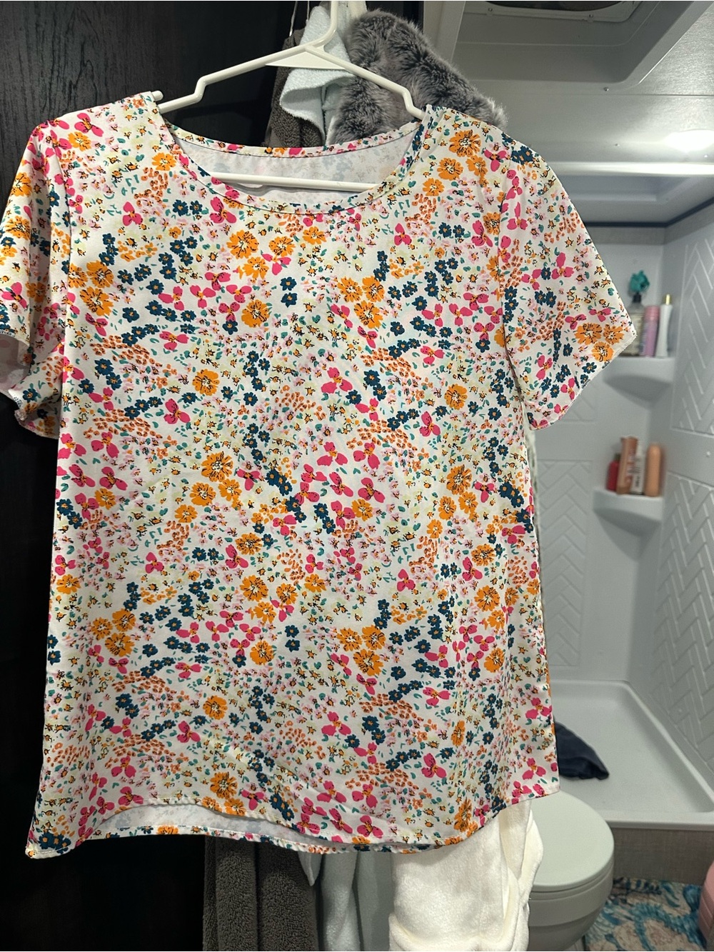 Floral Short-Sleeve Tee - White with Pink & Orange Flowers